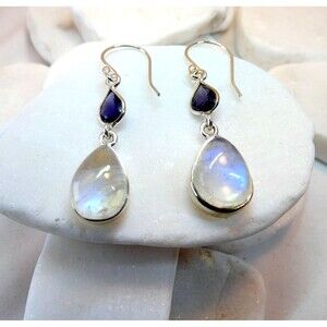 Rainbow Moonstone Iolite Sterling Silver Dangle Earrings Natural Gems